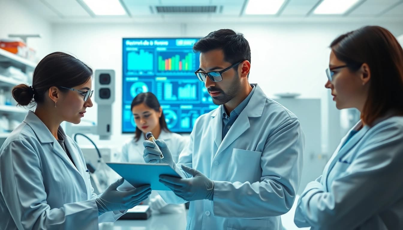 Scientists conducting research on Retatrutide in a state-of-the-art laboratory setting.