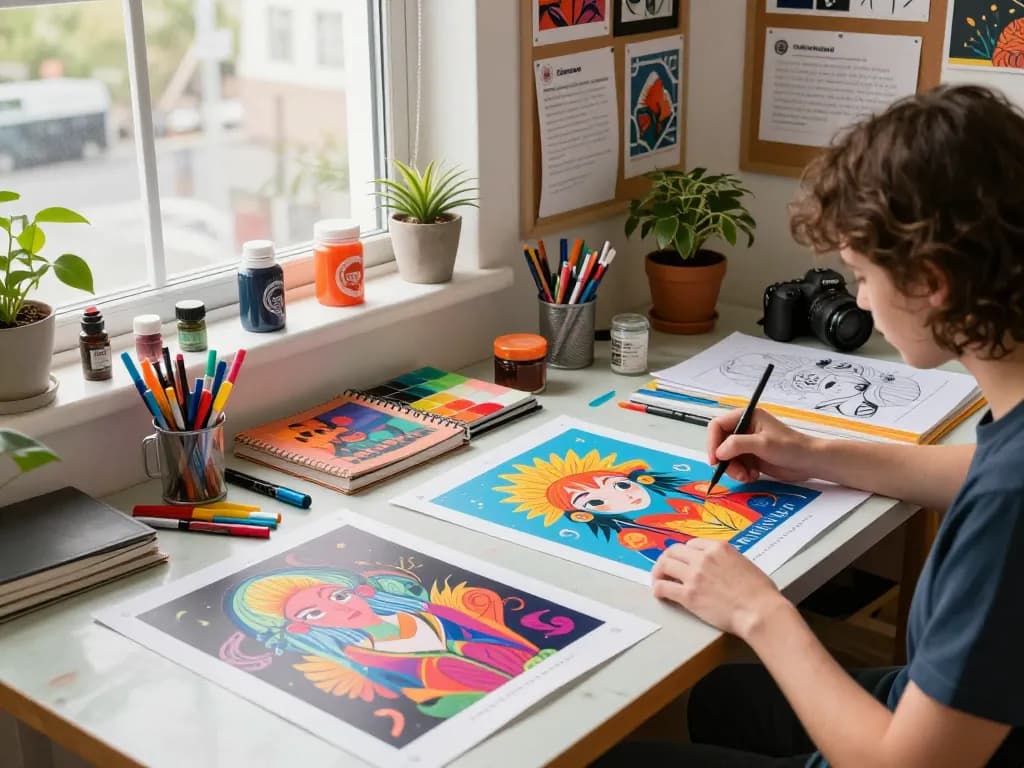 Artist designing vibrant poster printing in colorful workspace