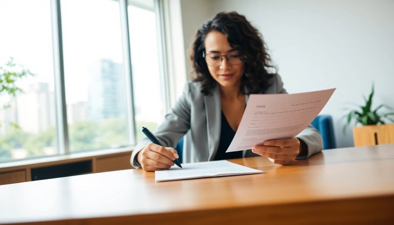Filling out an eta uk application form at a modern desk in a bright office.