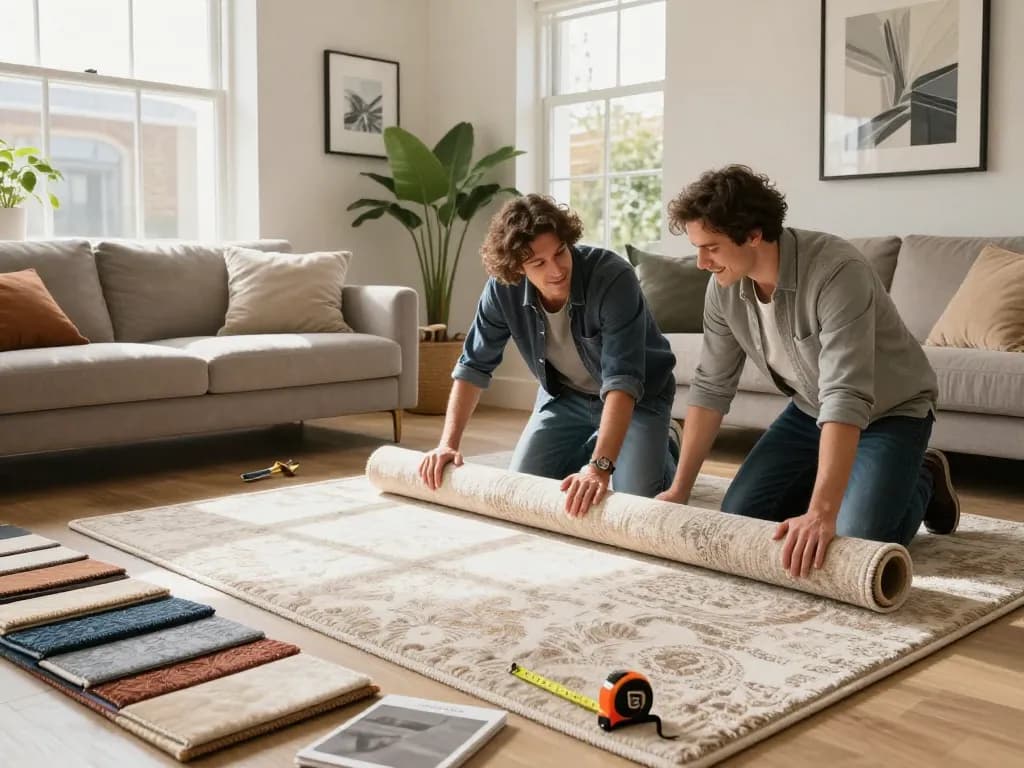Expert carpet fitting services West London showcased through a professional fitter installing a luxurious carpet in a stylish living room.