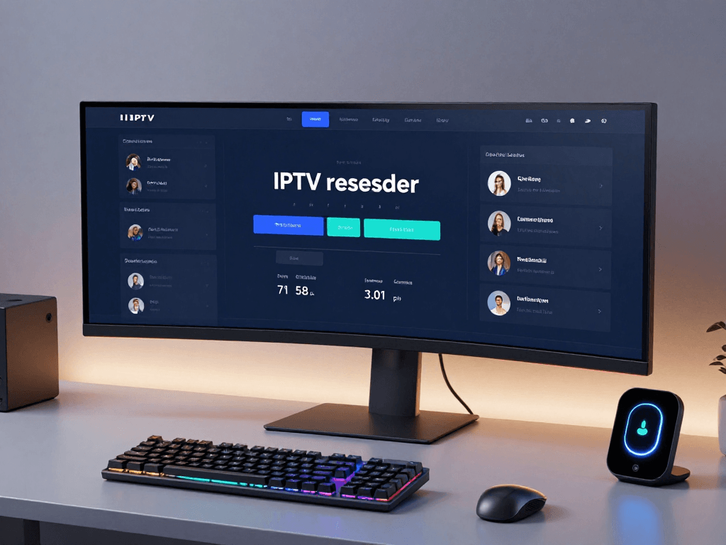 Iptv reseller panel showcased in a modern tech workspace, featuring software development tools and cloud computing analytics.