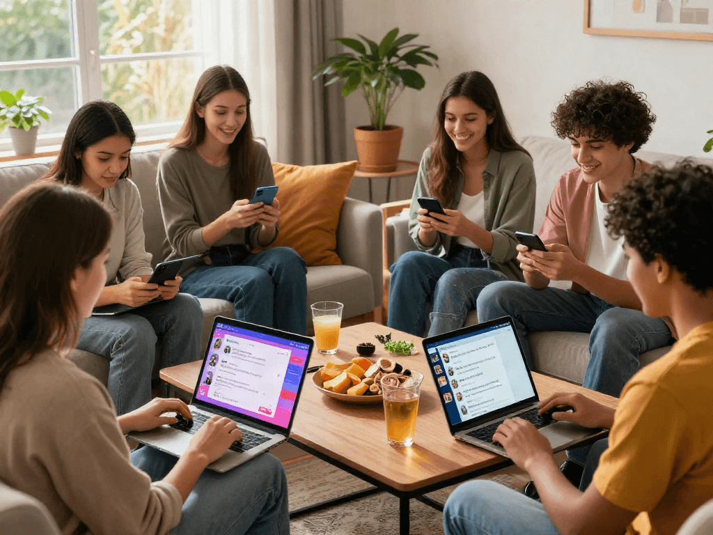 Engaging spicychat conversation with young adults in a cozy living room, showcasing diverse devices and vibrant chat interfaces.