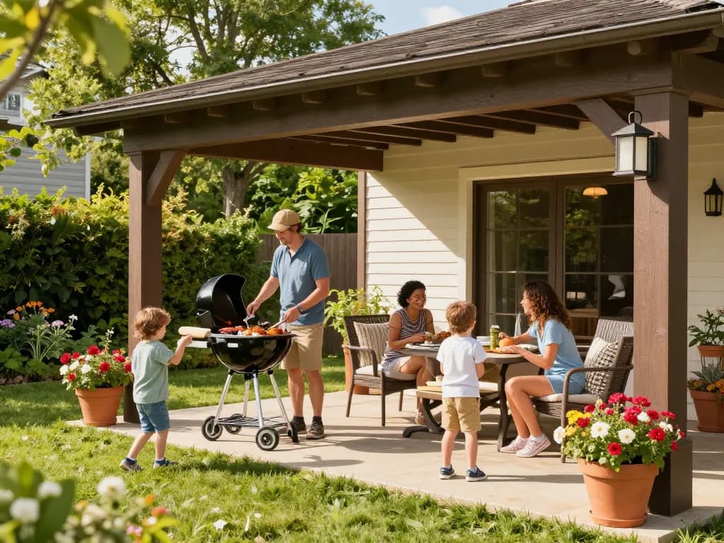 Family enjoying time under a veranda configurator designed outdoor living space with a barbecue.