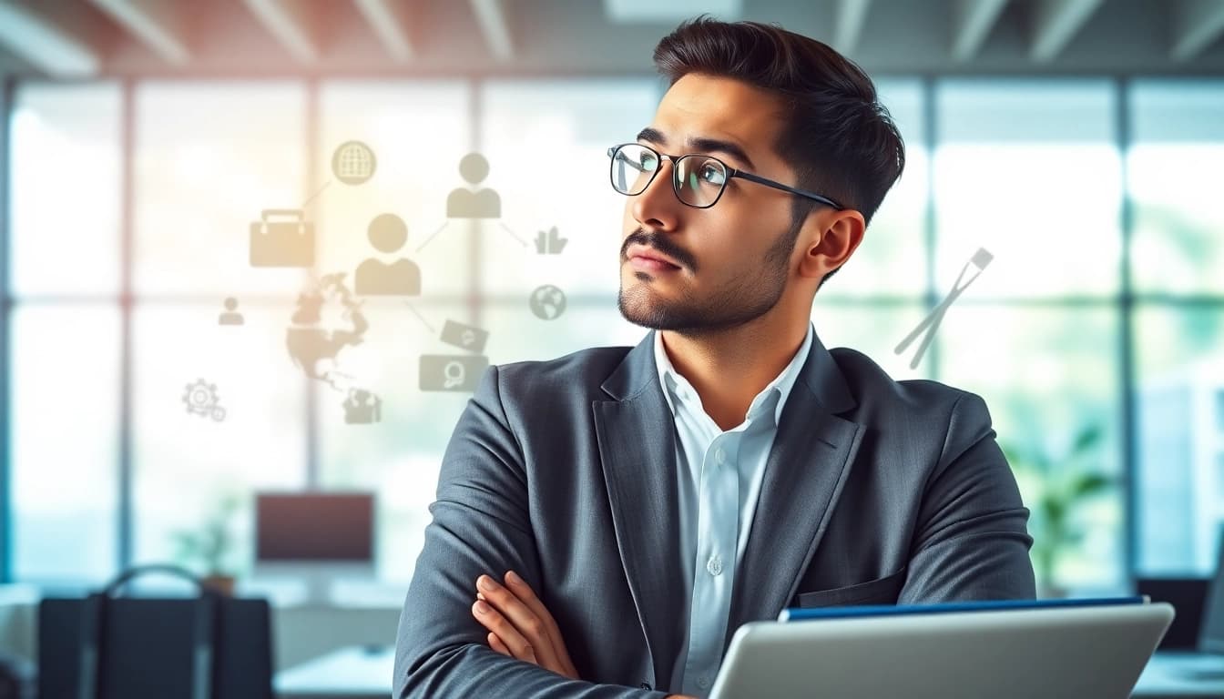 Visualize the journey to an Ideal career with a professional examining a career map in a bright office.