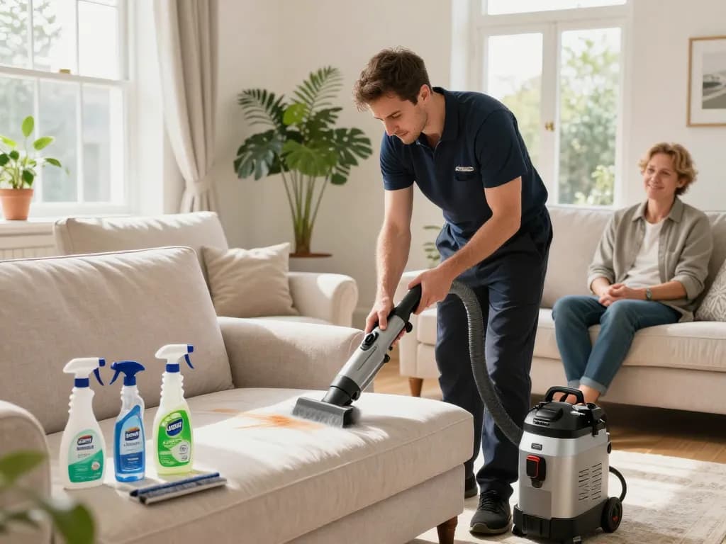 Upholstery cleaning scene showcasing professional cleaners and eco-friendly products for flats & apartment advice sites.