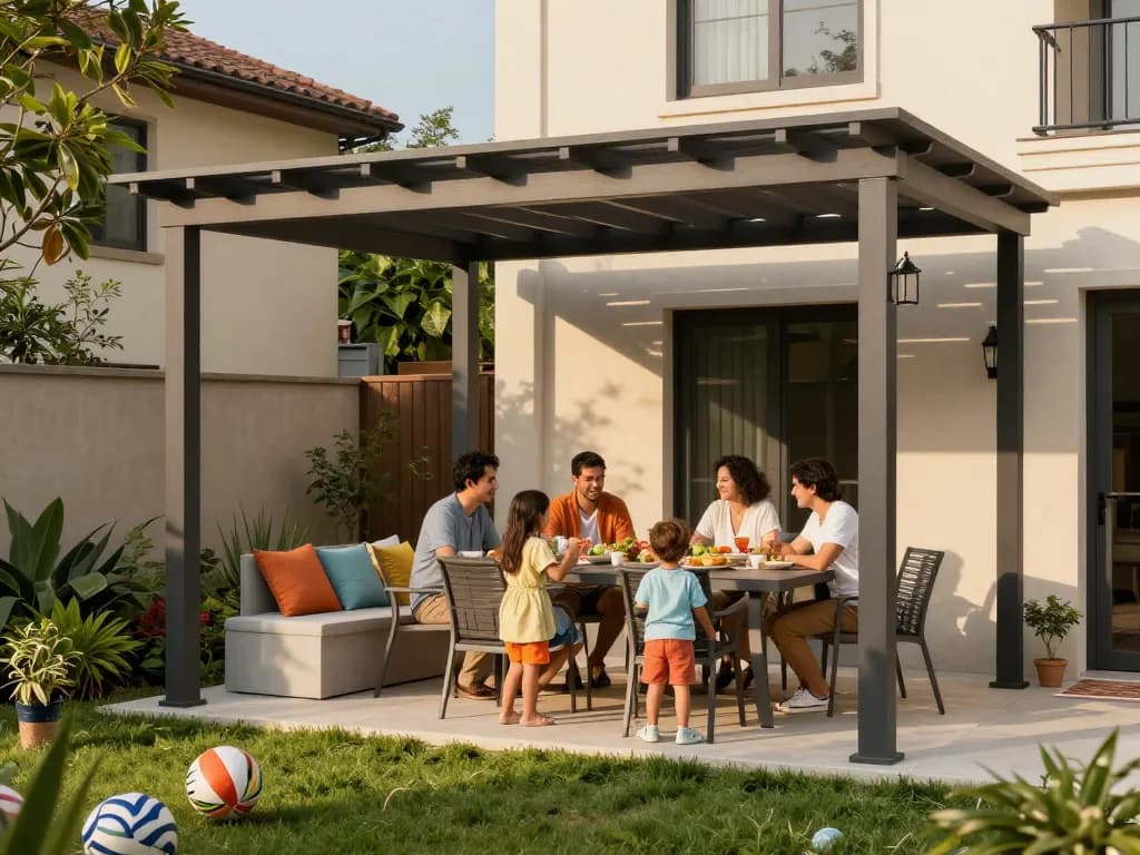 Family enjoying a meal under a beautifully designed pergola, showcasing the benefits of pergola configurator software.