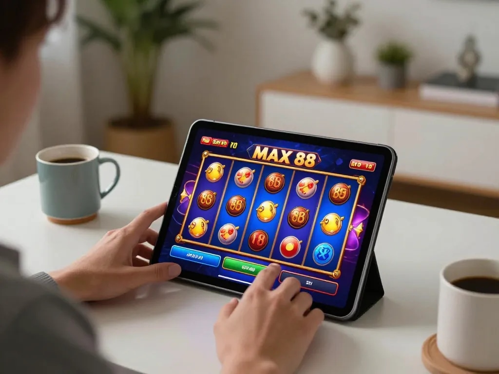Playing the MAX 88 slot game on a tablet in a stylish home setting.