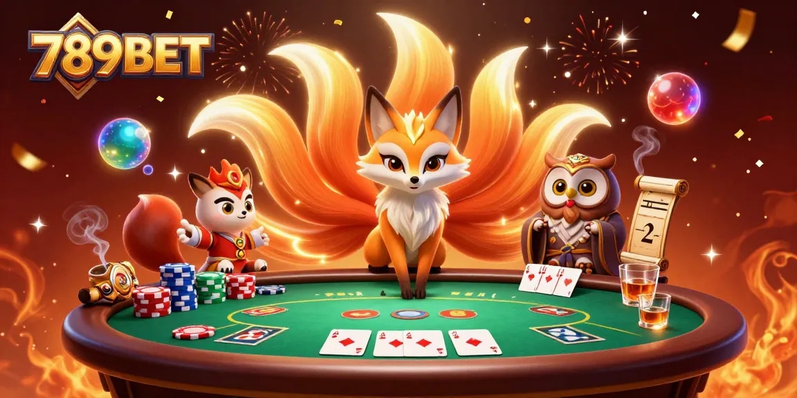 Experience the excitement of 789BET with a vivid scene featuring a nine-tailed fox and poker elements.