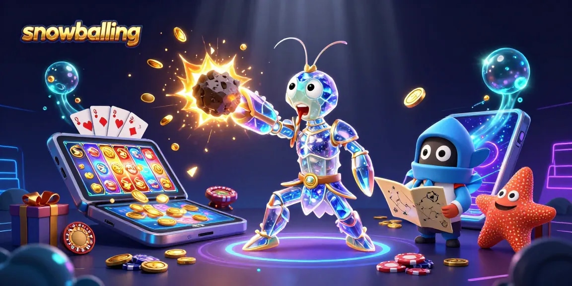 Snowballing through a vibrant casino scene filled with golden coins, slot games, and playful characters.