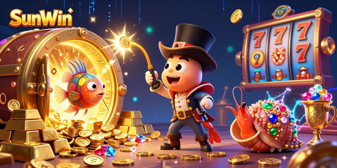 Experience the thrill of SunWin with vibrant casino elements featuring golden treasures and animated characters.