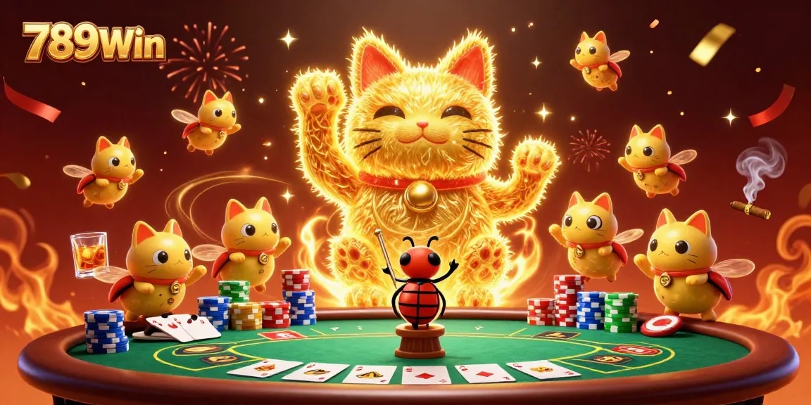 Experience the magic of 789Win as golden fireflies create a giant lucky cat at an energetic casino scene.