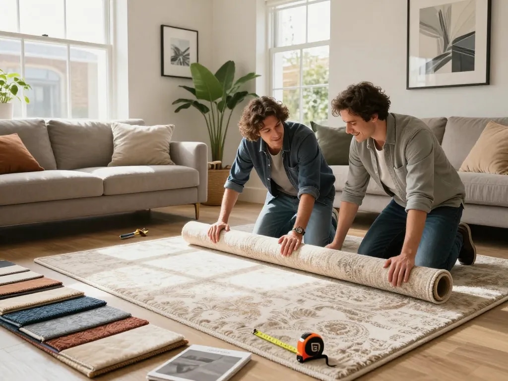 Expert carpet fitting services West London showcased through a professional fitter installing a luxurious carpet in a stylish living room.