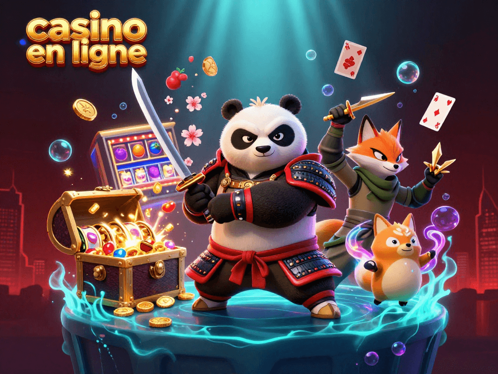Jouez au casino en ligne avec ce panda samouraï et un renard ninja, entourés de gains en or et de machines à sous.