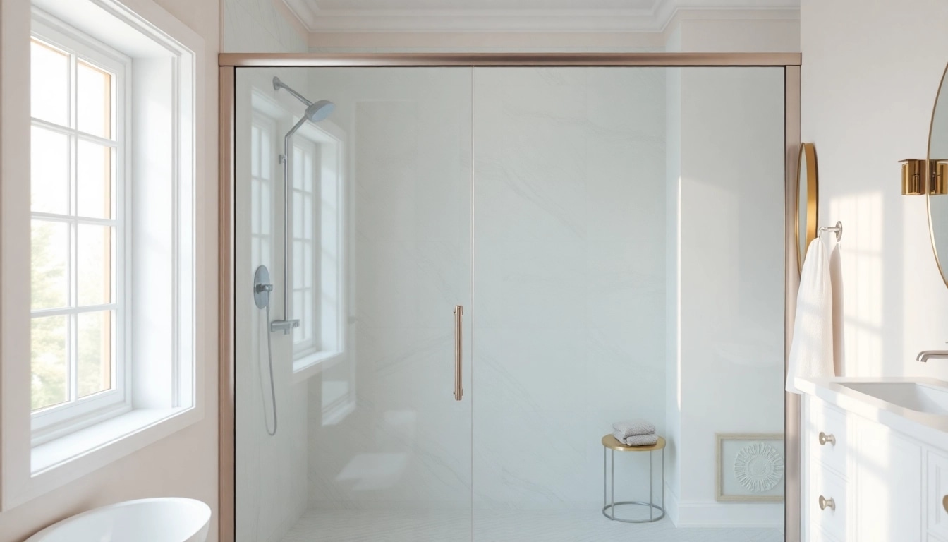 Shower doors sliding open, showcasing elegance and modern design in a stylish bathroom.