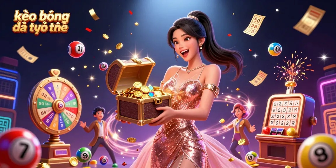 Bet on kèo bóng đá trực tuyến with excitement as a joyful Asian woman showcases treasures surrounded by dynamic lottery elements.