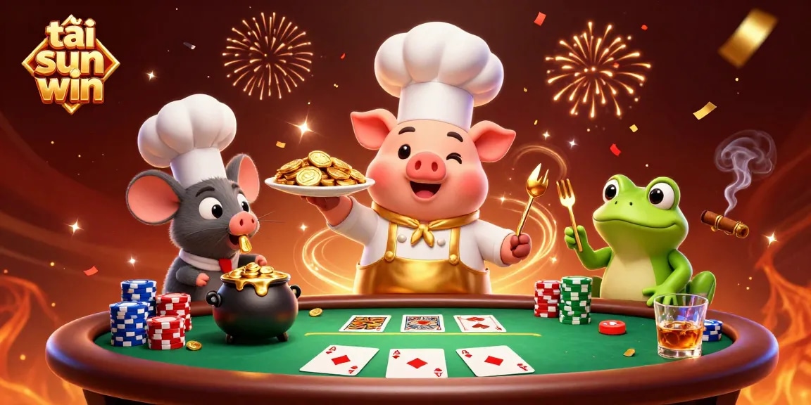 Engage with tải sun win as 3D casino characters serve gold coins amidst vibrant poker elements.