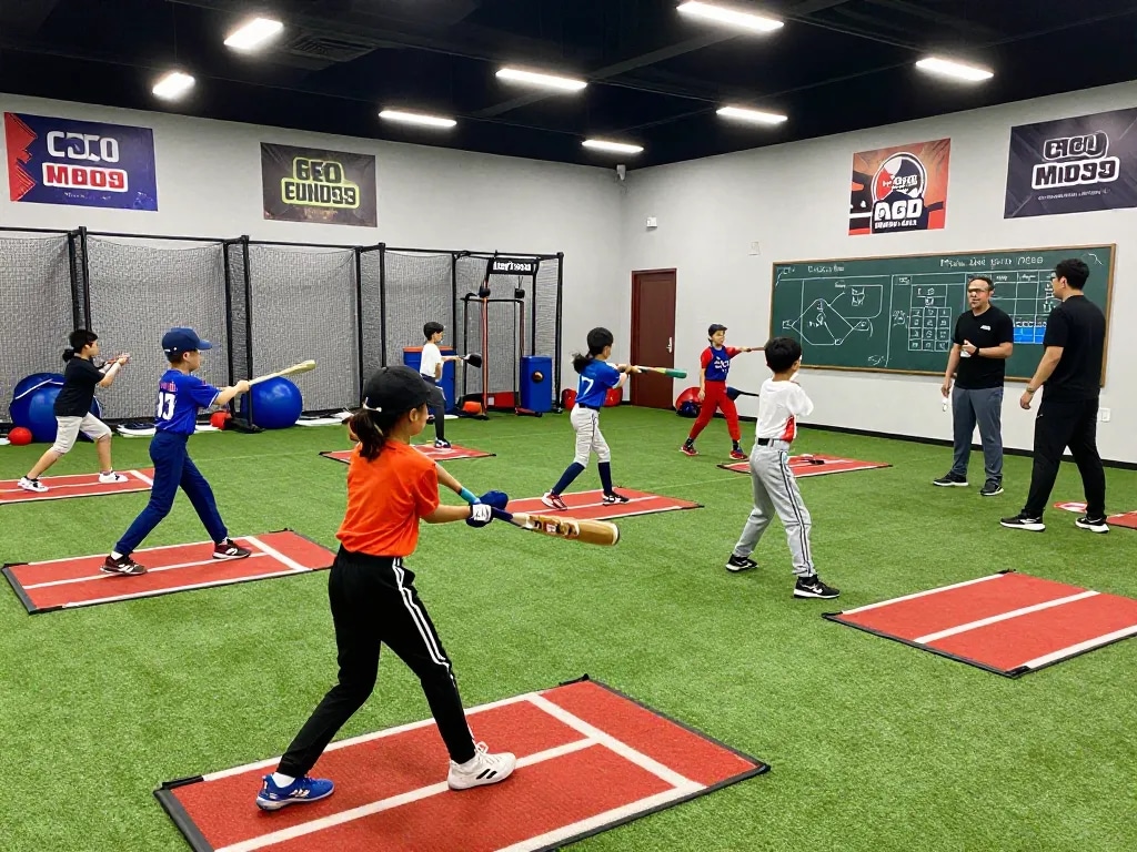 Young athletes train at Hitclub baseball facility, showcasing dynamic batting practice and coaching.