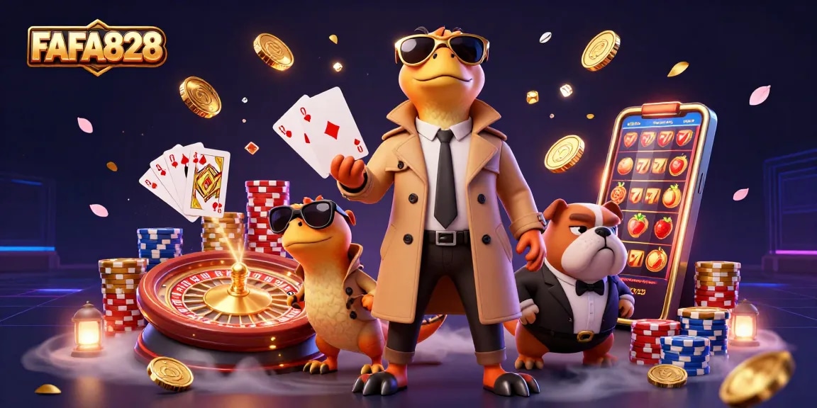 FAFA828 raptors cleverly disguised entering a casino with a bouncer, surrounded by spinning slots and vibrant casino elements.