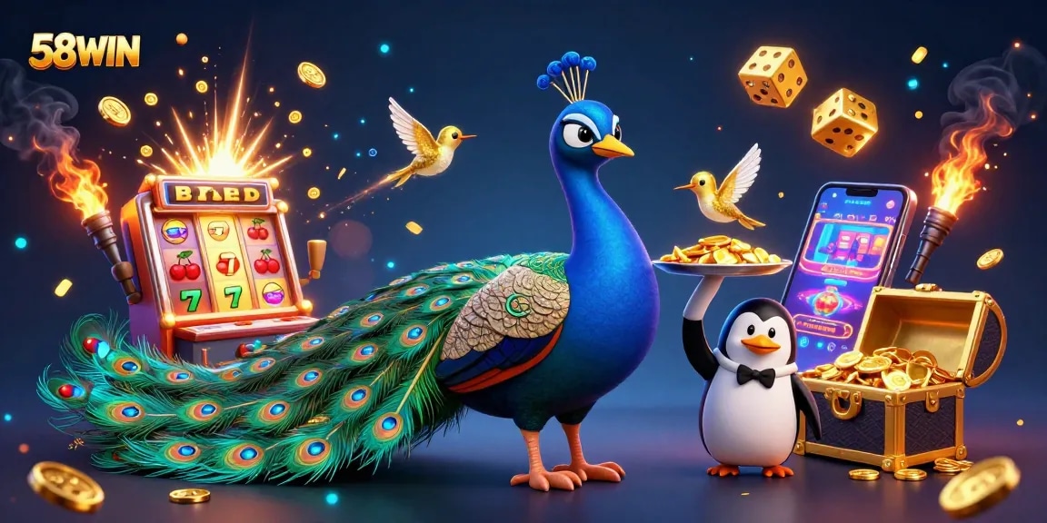 Experience the excitement of 58WIN through this vibrant 3D casino scene filled with dynamic gaming elements.