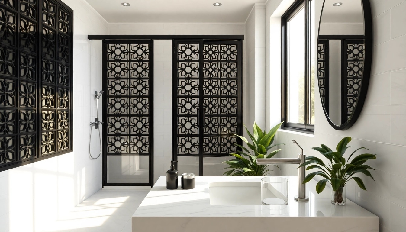 Enhance your bath with stunning black frame shower doors, featuring elegant patterns and a sleek design.