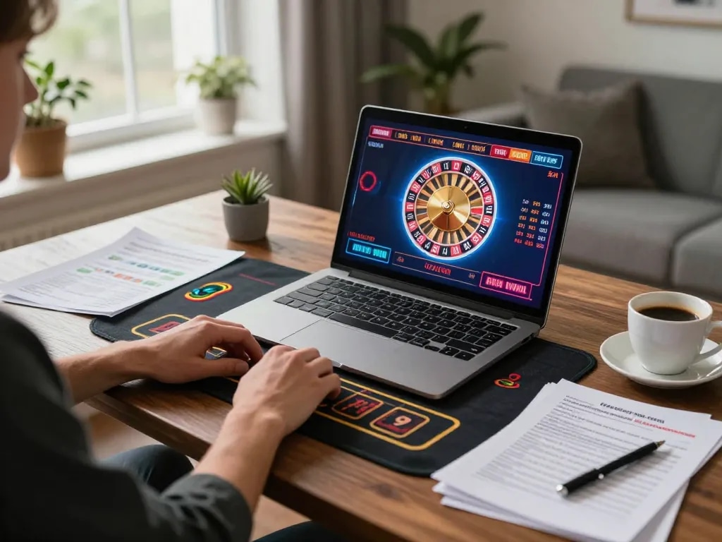 Player enjoying a live ALO8 dealer game on laptop, showcasing online gambling excitement.