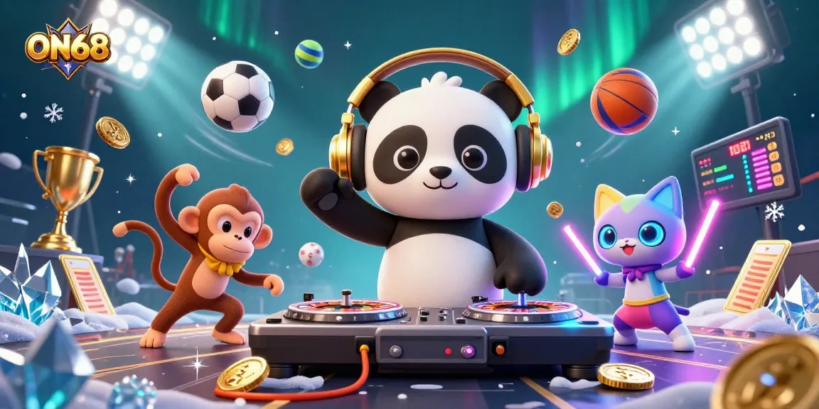Experience ON68's vibrant casino adventure with DJ panda spinning, breakdancing monkey, and glowing kitten in a lively scene.