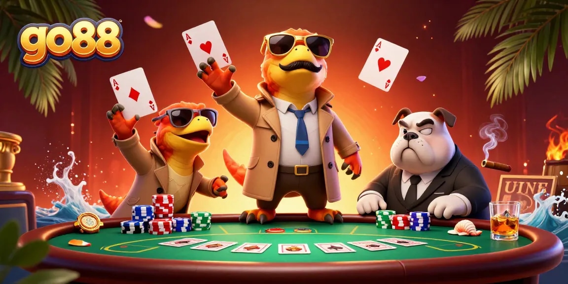 Go 88 showcases raptors in a trench coat trying to enter a VIP casino lounge, filled with poker elements.