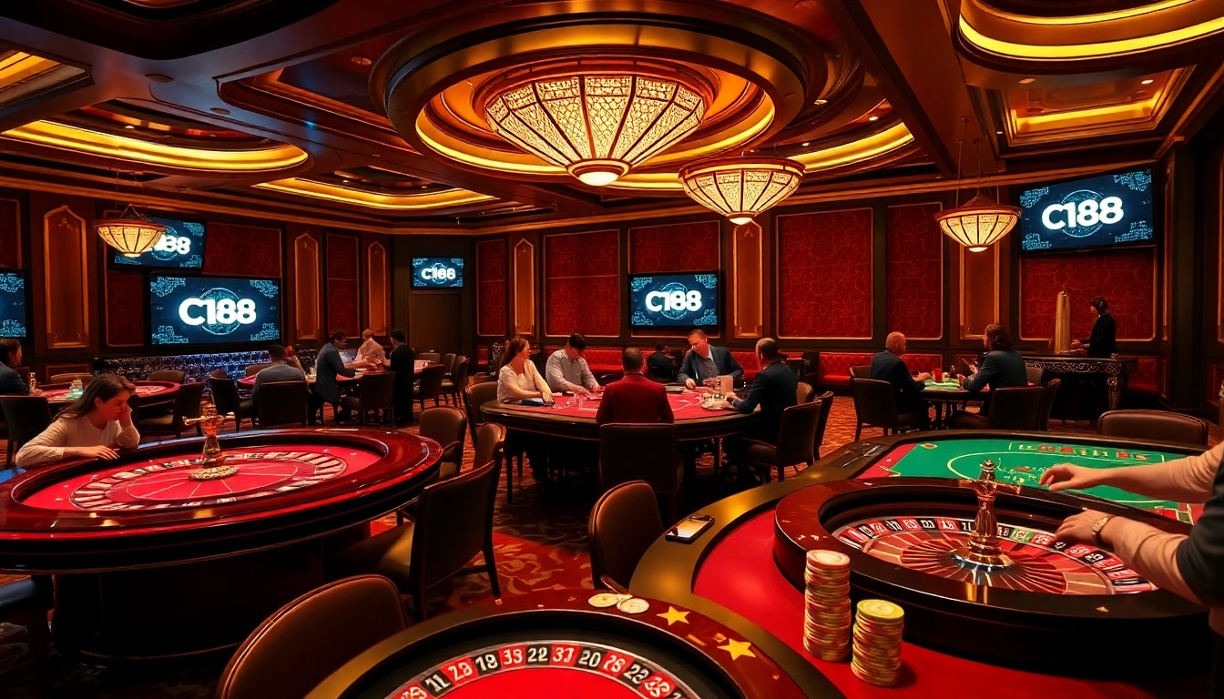 Players enjoying casino games at C168, surrounded by vibrant atmosphere and betting excitement.