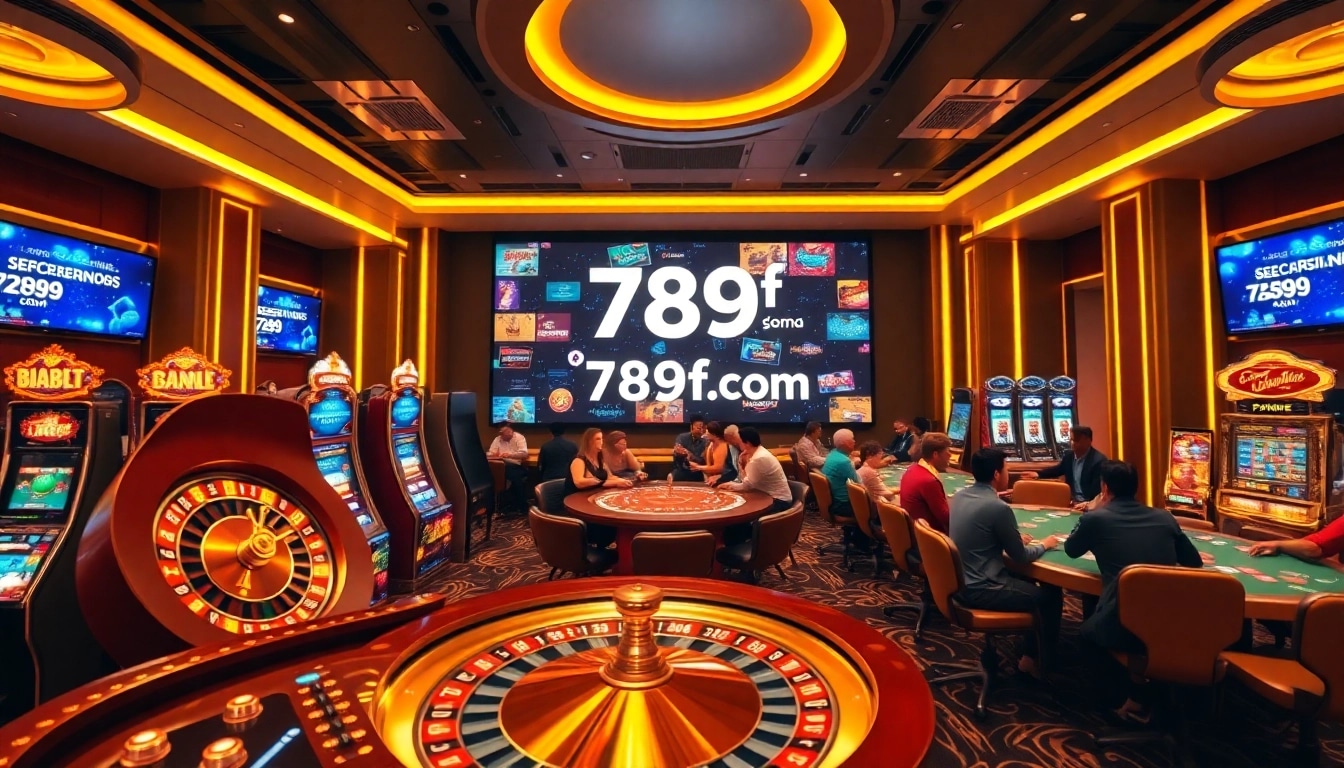 Exciting casino atmosphere at 789f.com with roulette wheel and poker tables.