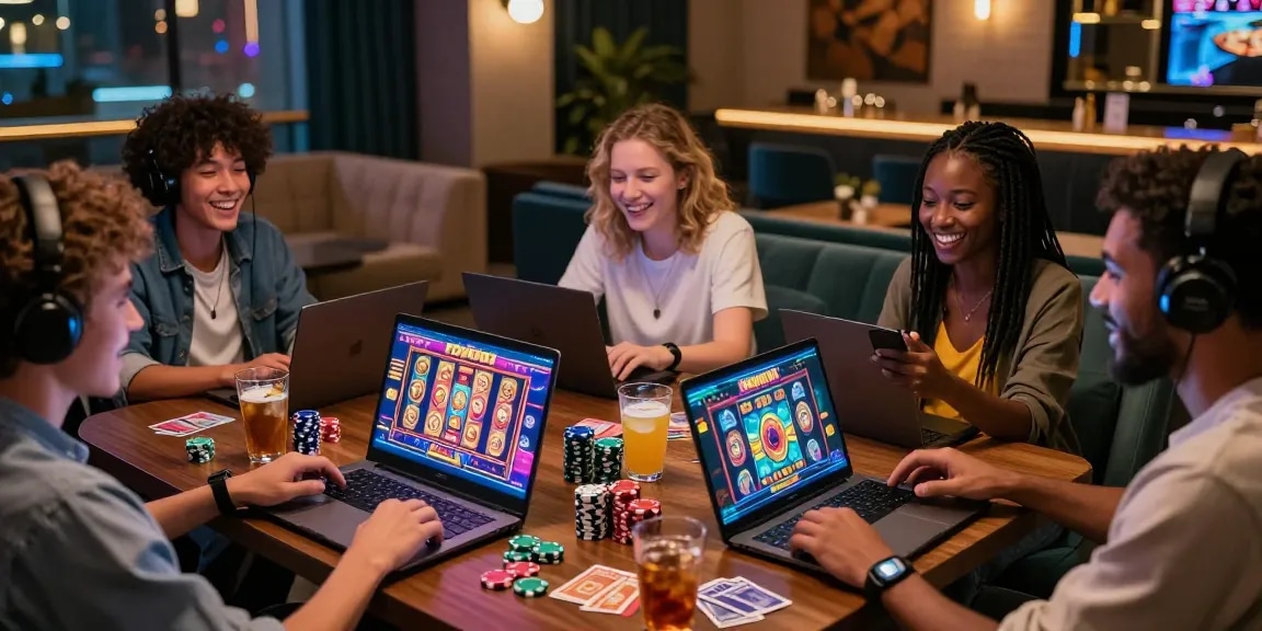 Players enjoying the thrill of the best non UK casinos in a lively modern lounge, highlighting excitement and community.
