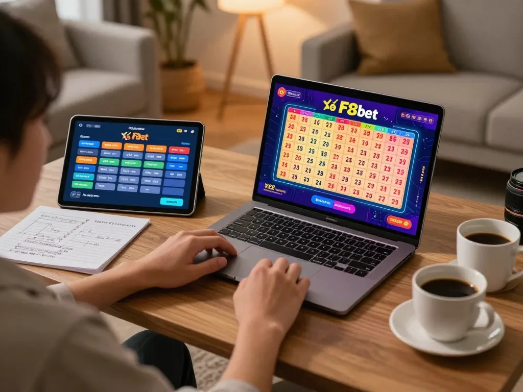 Engaging player exploring Xổ số F8bet lottery options on laptop at home.
