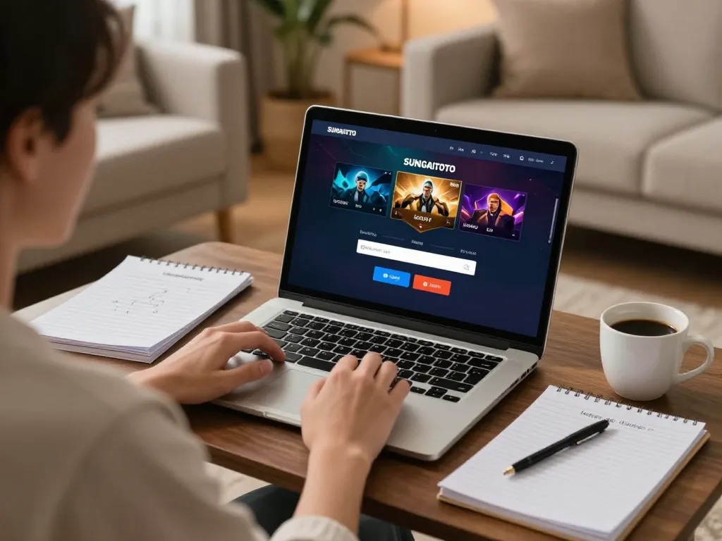 sungaitoto login on laptop while enjoying a cozy home gaming experience with strategy notes