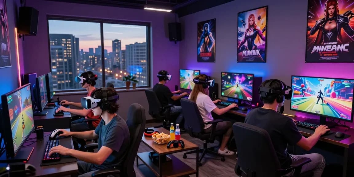 Real hentai game players enjoying immersive experiences in a vibrant gaming lounge.