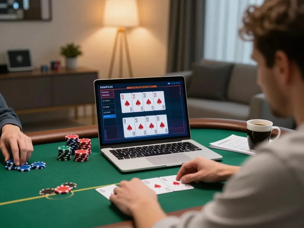 Dacsandatphanrang player focusing on poker game on laptop in stylish home office environment
