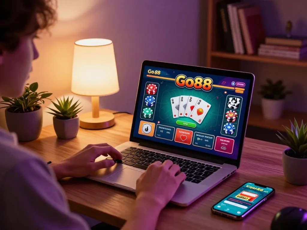 Engaged player using Go88 on a laptop during an online gaming session with ambient lighting.