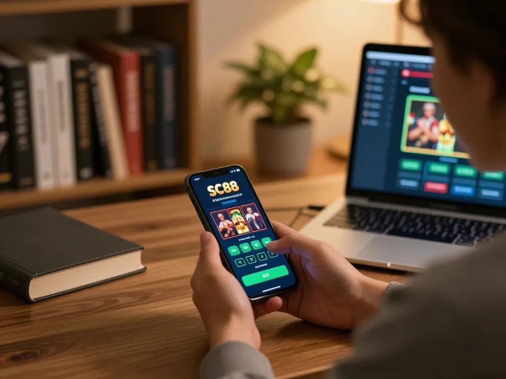 Person using SC88 casino app on smartphone while seated comfortably in a stylish home office.