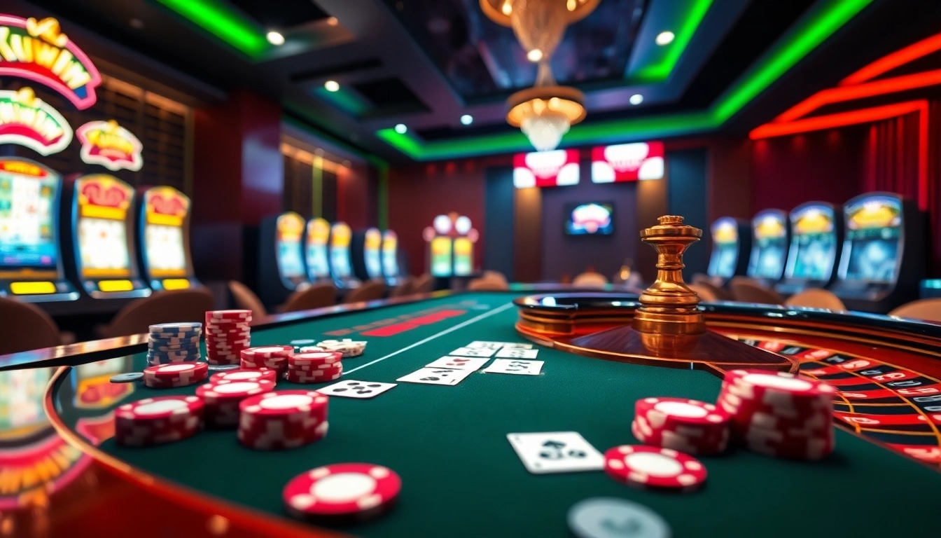 Kuwin online gaming scene featuring vibrant casino elements like roulette, cards, and chips.
