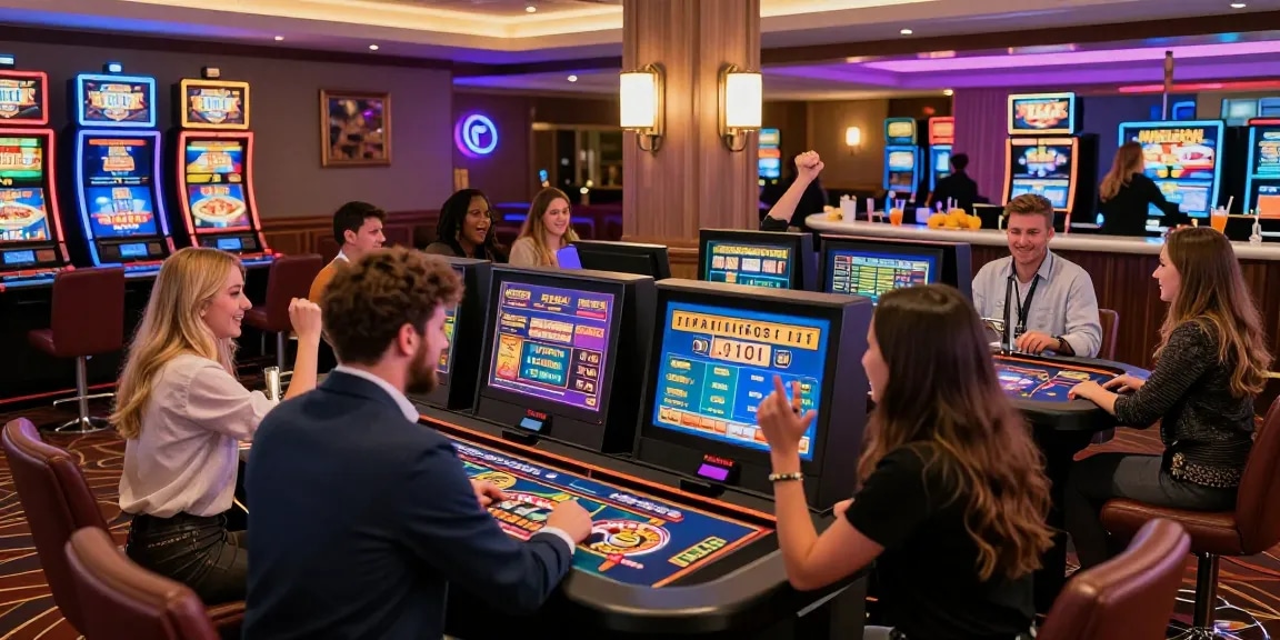 Exciting non UK casinos scene with diverse players celebrating at vibrant gaming stations.