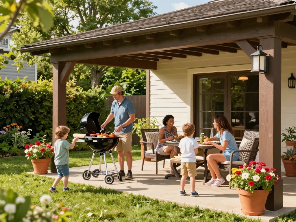 Family enjoying time under a veranda configurator designed outdoor living space with a barbecue.