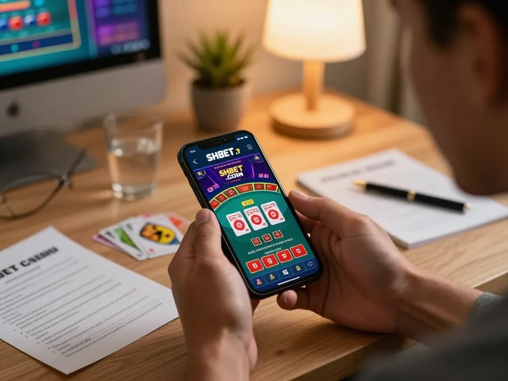 Engaging with the SHBET .COM casino app on a smartphone while analyzing betting strategies at home.