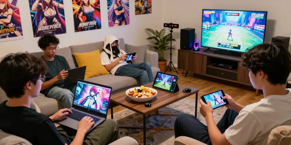 Players enjoying online hentai games in a cozy living room setup with vibrant visuals and engaging devices.