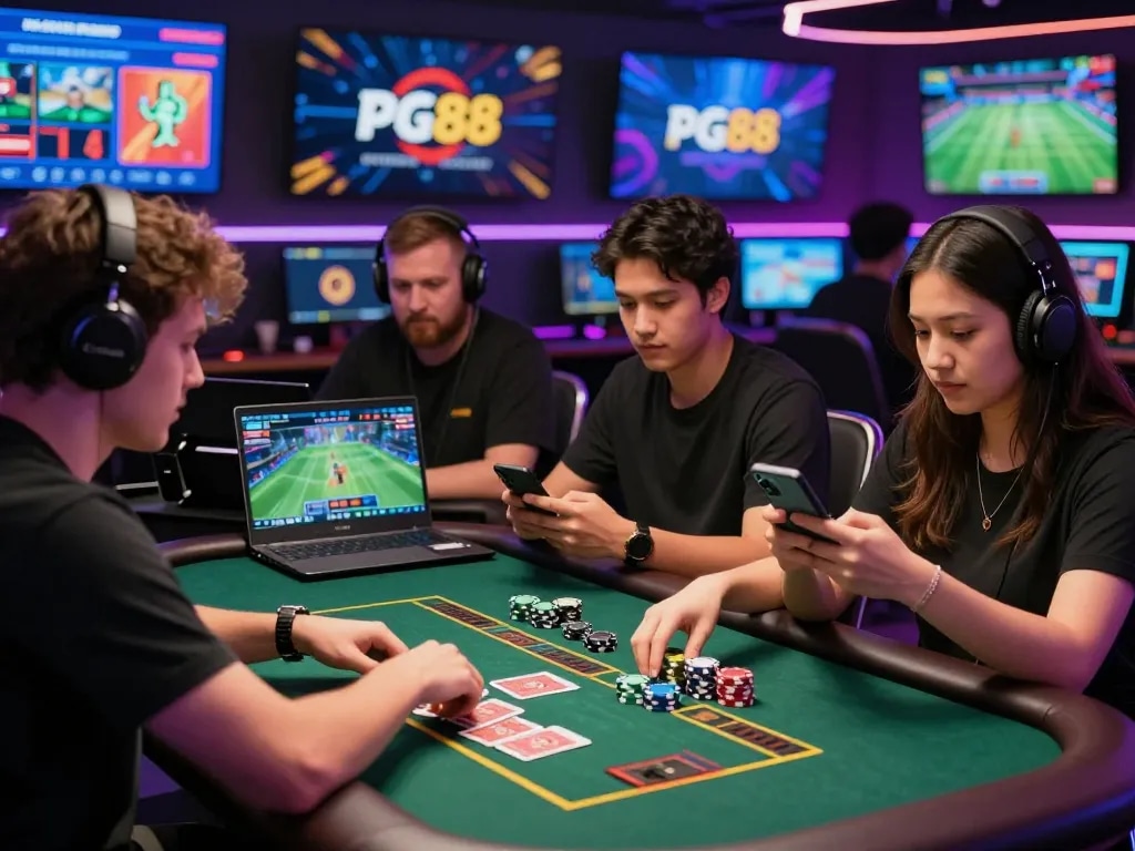 Engaging players on PG88 online gambling platform participating in live casino, esports, and sports betting activities.
