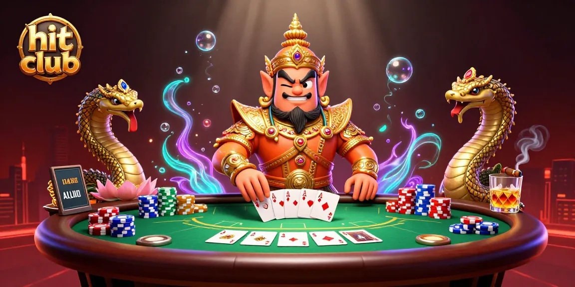Engage with hit club's vibrant poker scene featuring colorful chips and golden characters.
