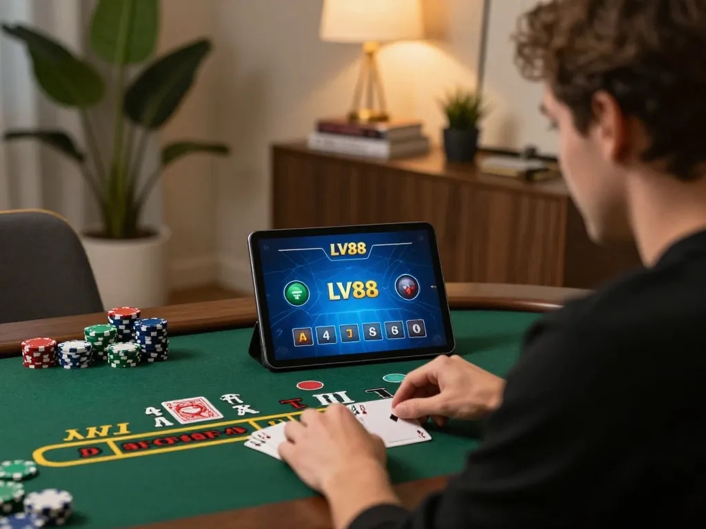 Player engaging in live blackjack on LV88 platform with cozy home decor