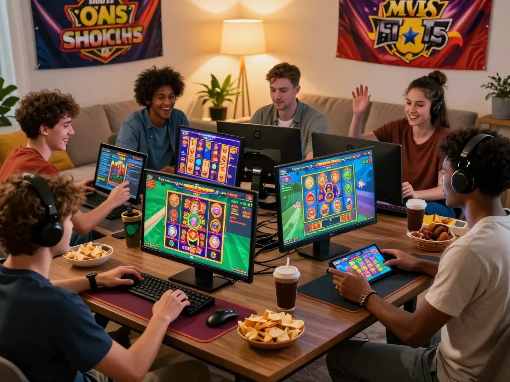 EE88 players enjoying casino games and sports betting in a lively home setting with vibrant graphics.