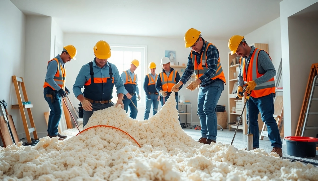 Spray foam removal specialists efficiently removing insulation in a bright residential setting.