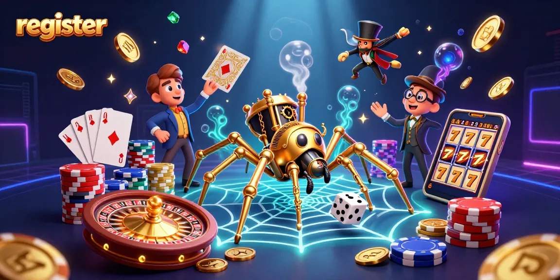 Captivating illustration with a golden spider weaving a web of luck; register now to win!