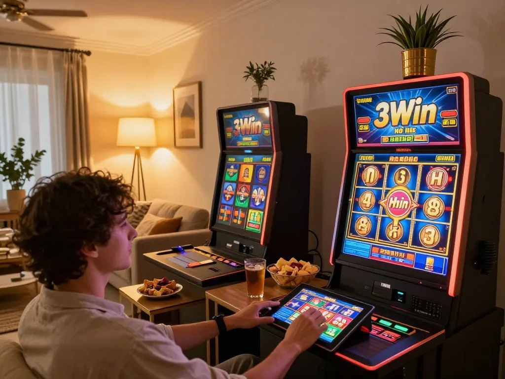 Engaging with 3Win nổ hũ slot machine, enjoying cozy home gaming atmosphere