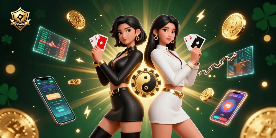 SUNWIN offers dynamic casino excitement with skilled twins wielding cards and crypto assets in a vibrant scene.