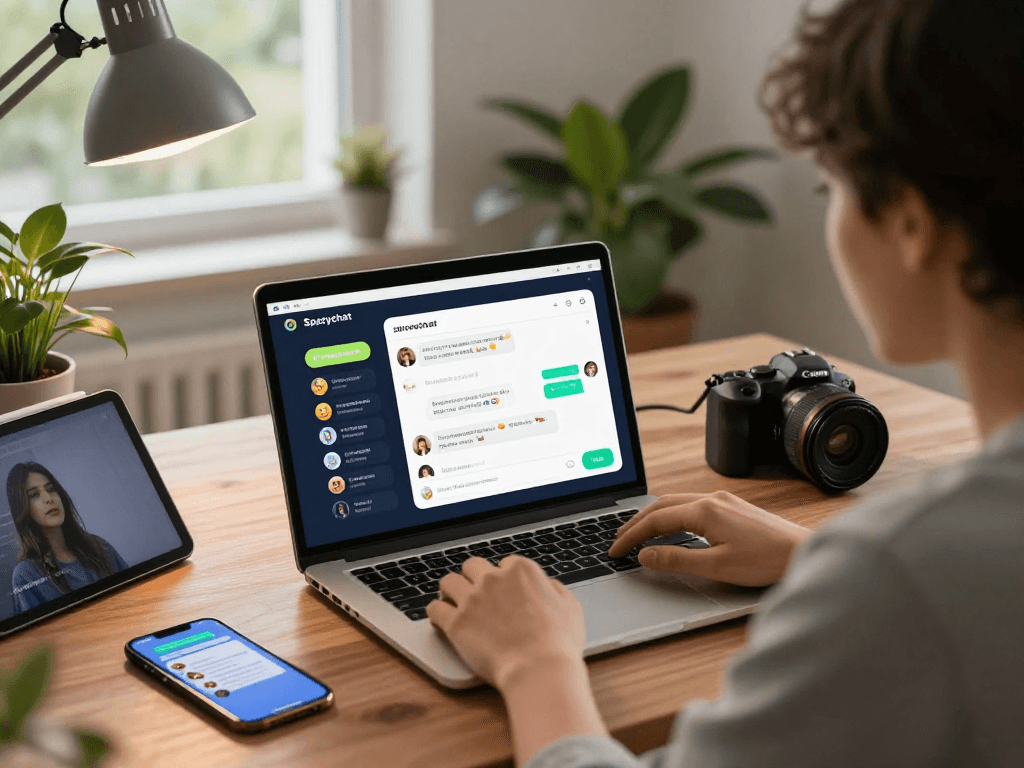 Engaging on spicychat with vibrant digital interface in a cozy home workspace.